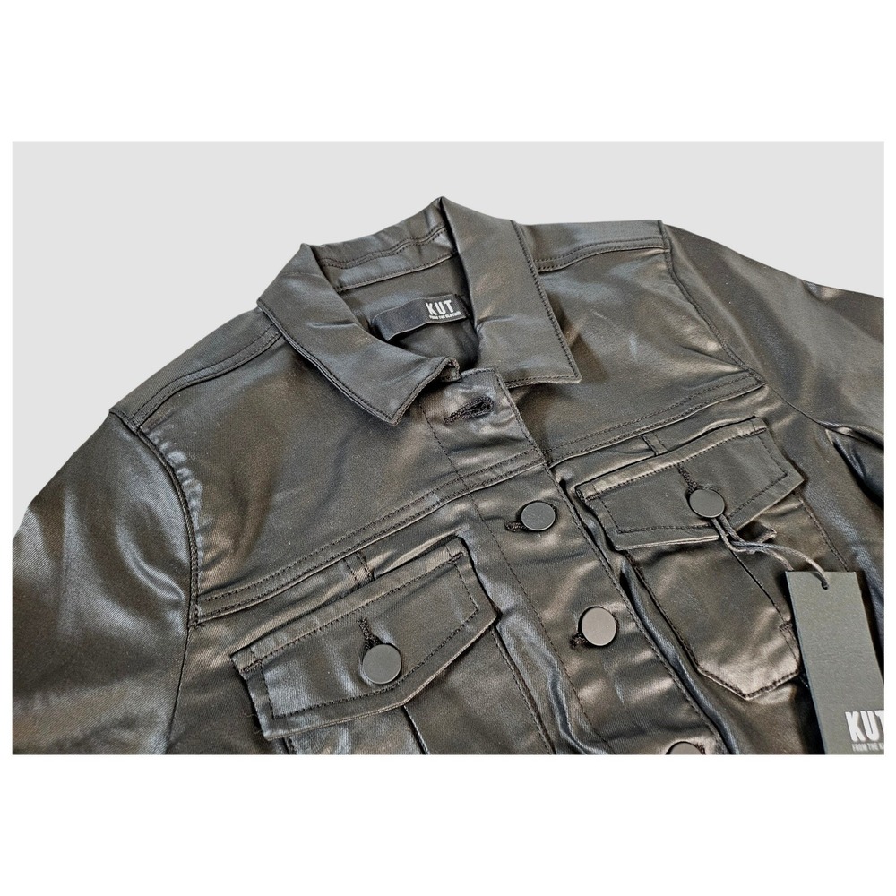 KUT from the Kloth Jacket Women Size Small Black Faux Leather Frayed Hem Trucker